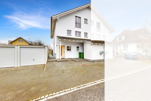 außenansicht mit terrasse, day time, property visible, und stuckverkleidung