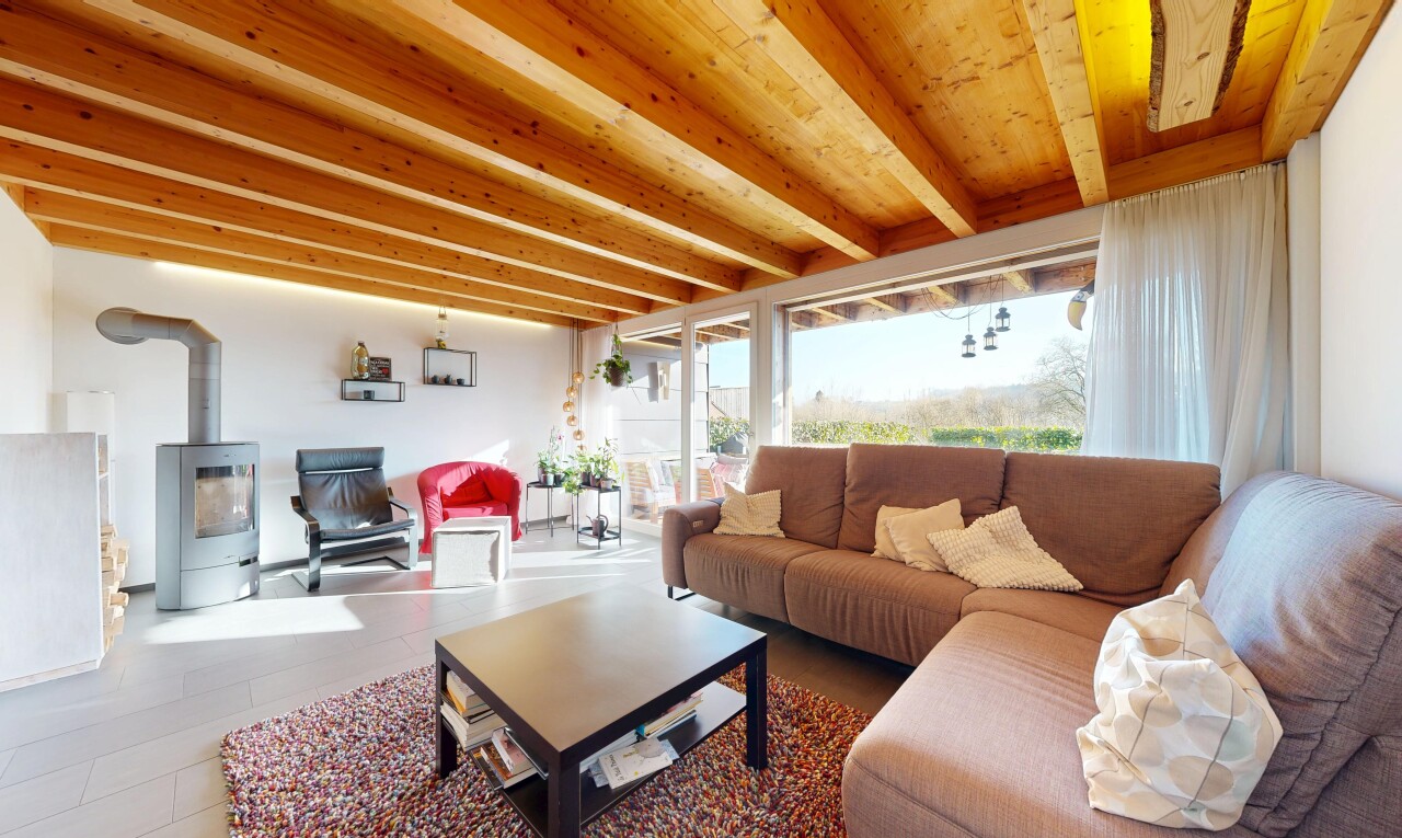 salon avec inside property, poêle à bois, natural light, et lumière naturelle