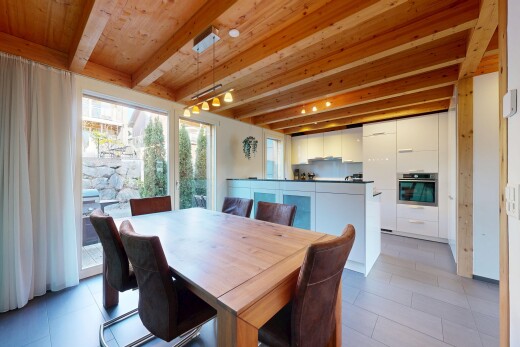 esszimmer mit inside property, natürliches licht, natural light, balkendecke, und beamed ceiling