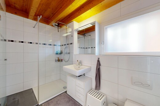 salle de bains avec miroir, lavabo (ou coiffeuse selon le contexte), salle de bain complète, inside property, et douche