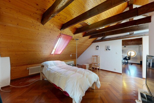 chambre avec plafond voûté, vaulted ceiling, pièce supplémentaire, plafond à poutres, et beamed ceiling