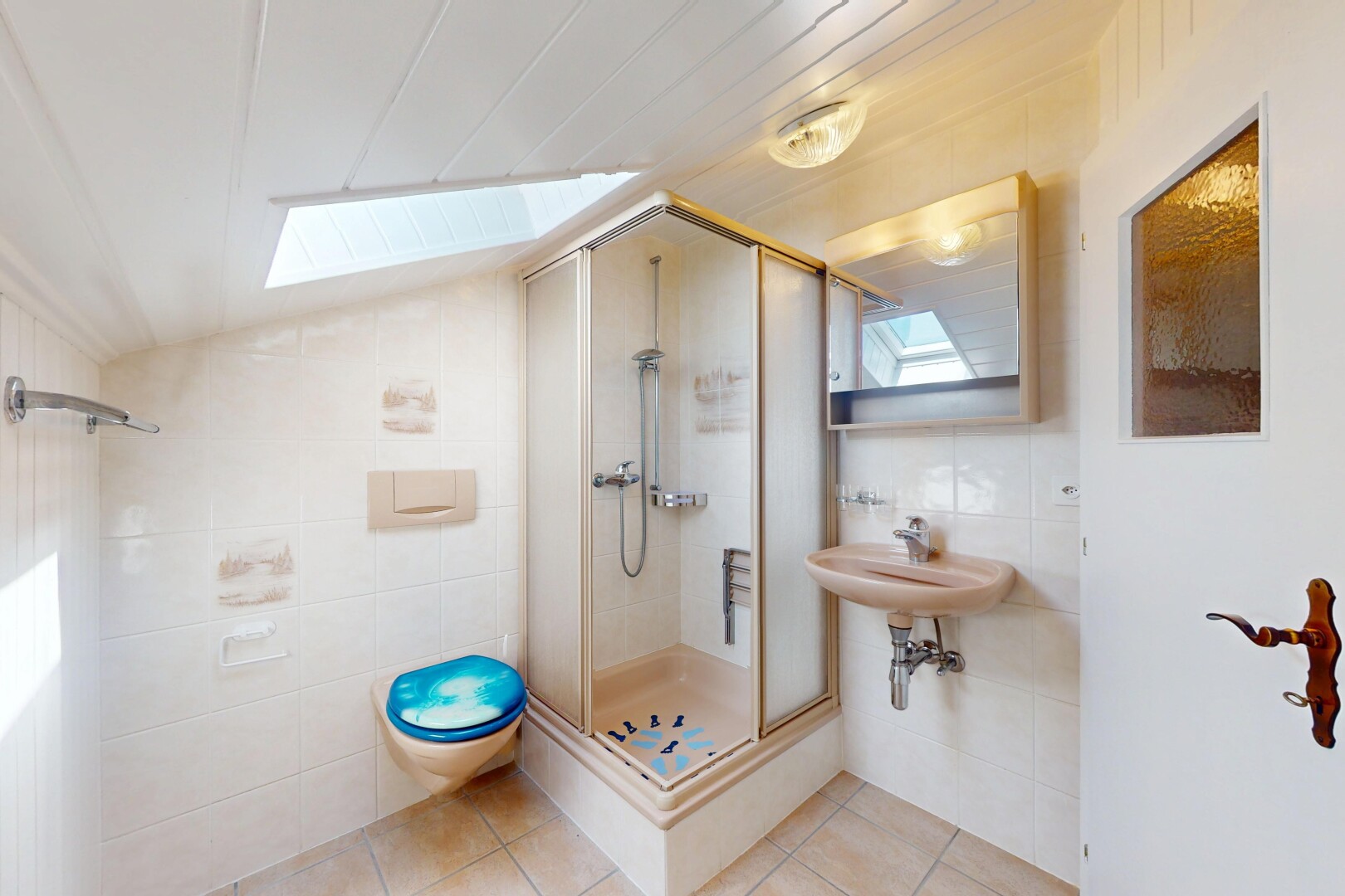 salle de bains avec puits de lumière, tile wall, mur en carrelage, douche, et inside property