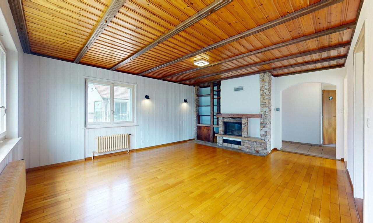 pièce vide avec wood finish floor, sol en finition bois, inside property, radiateur, et cheminée