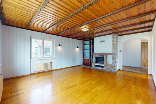 pièce vide avec wood finish floor, sol en finition bois, inside property, radiateur, et cheminée