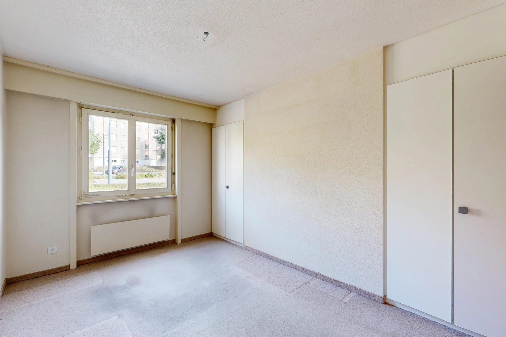 leerer raum mit kühler, kleiderschrank, carpet, teppich, und drywall