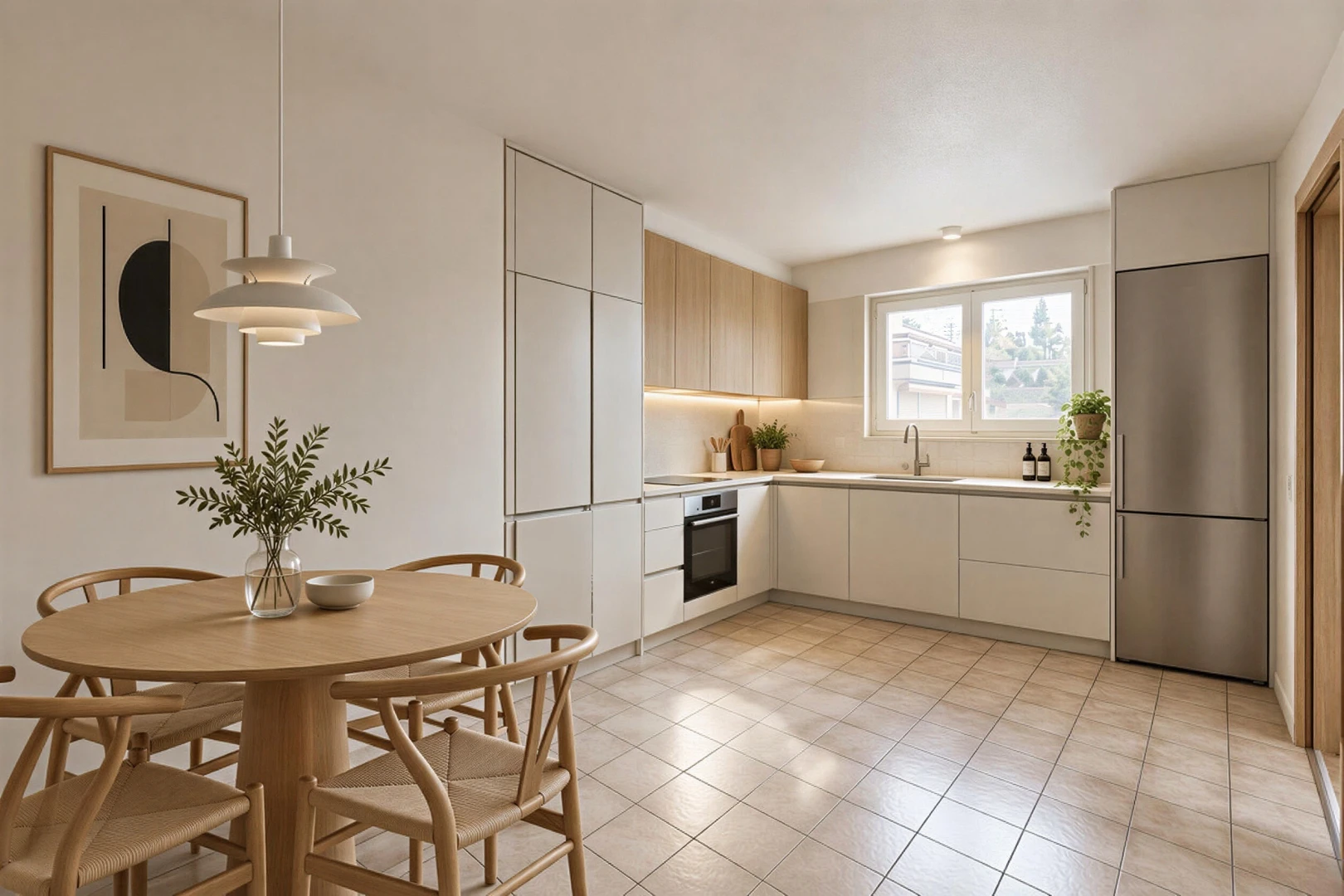 küche mit arched cabinets, bogenförmige schränke, light floor, medium brown cabinets, und mittelbraune schränke