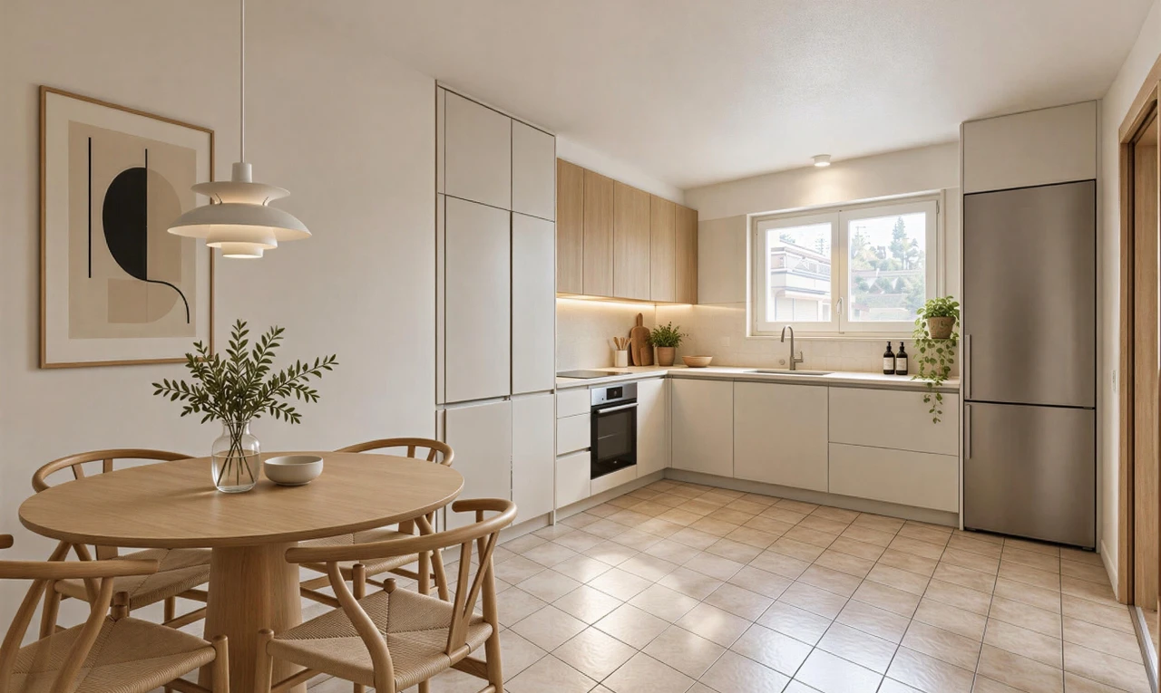 küche mit arched cabinets, bogenförmige schränke, light floor, medium brown cabinets, und mittelbraune schränke