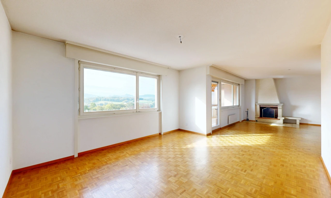 leerer raum mit gipskartonwand, drywall, holzfußboden, wood finish floor, und kamin