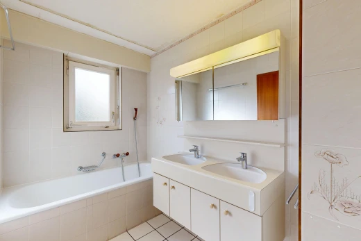 bad mit doppelwaschtisch, komplettes badezimmer, waschbecken, light floor, und fliesenboden
