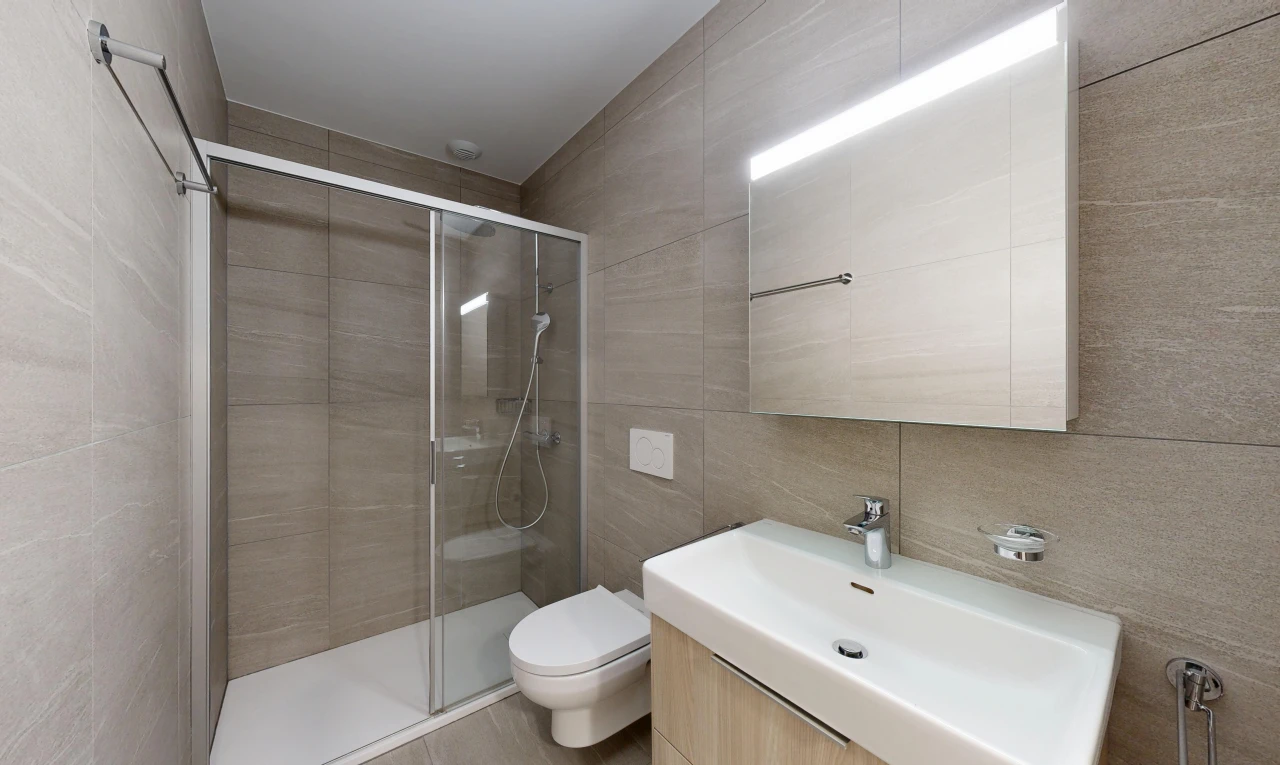salle de bains avec évier, salle de bain complète, douche, miroir, et lavabo (ou coiffeuse selon le contexte)