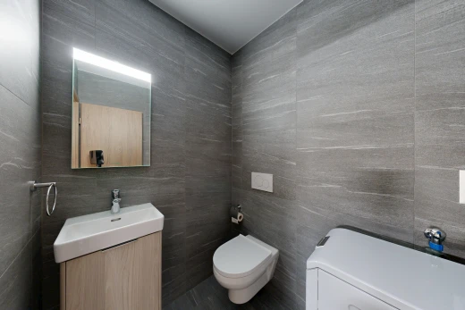 salle de bains avec évier, tile wall, mur en carrelage, toilette, et lavabo (ou coiffeuse selon le contexte)