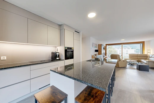 cuisine avec dark countertops, armoires à panneau plat, flat panel cabinets, ouvert sur l'espace de vie, et opens to living area