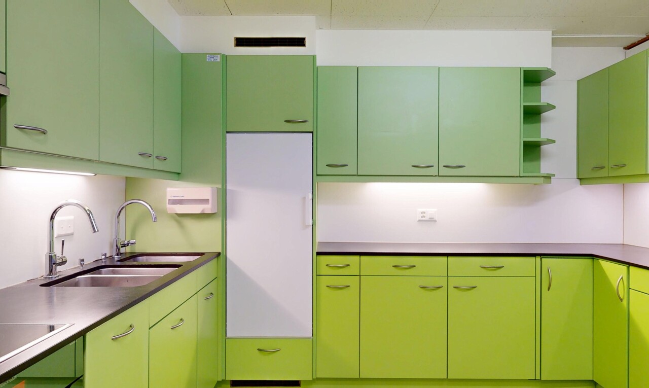 cuisine avec green cabinets, armoires vertes, évier, open shelves, et étagères ouvertes