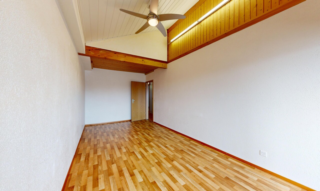 pièce vide avec high ceiling, plafond haut, wood finish floor, sol en finition bois, et vaulted ceiling