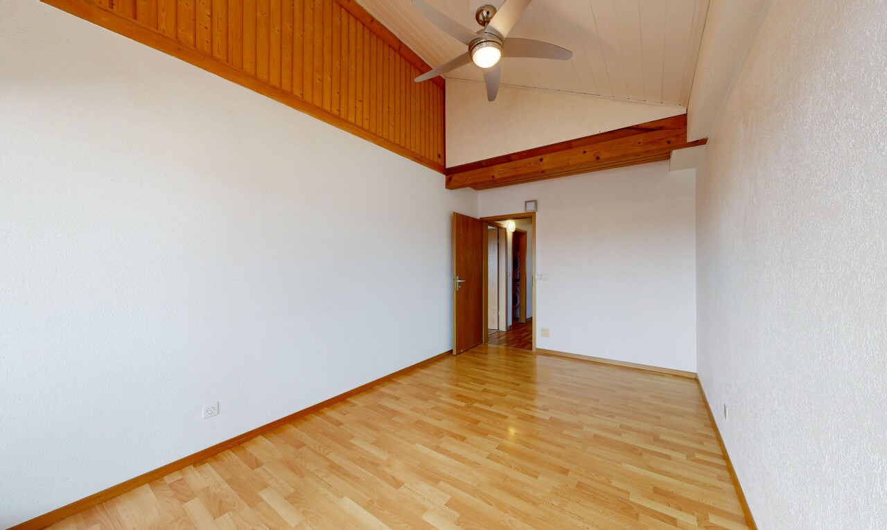 pièce vide avec plafond voûté, vaulted ceiling, sol en finition bois, wood finish floor, et plafond haut
