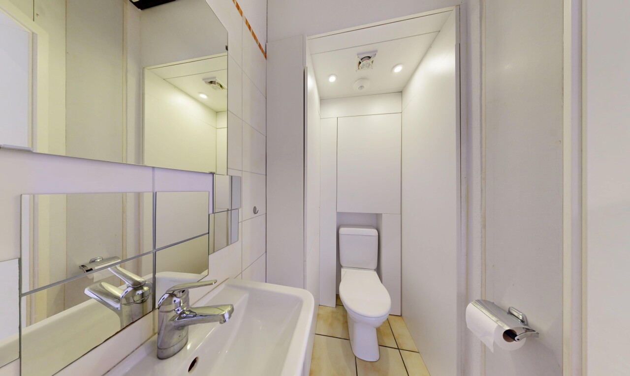 salle de bains avec miroir, toilette, évier, inside property, et light floor