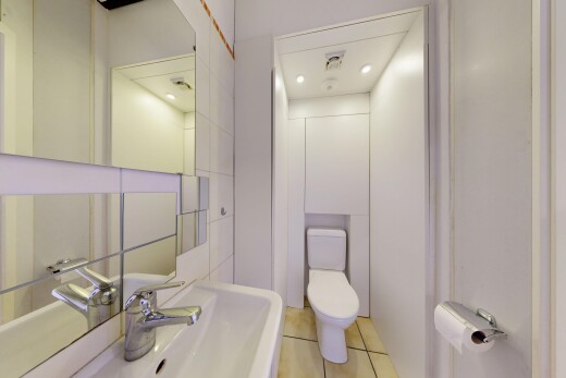 salle de bains avec miroir, toilette, évier, inside property, et light floor