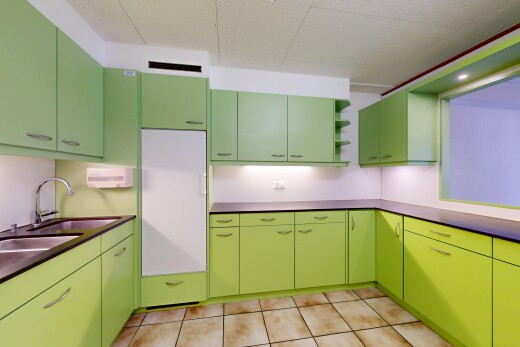 küche mit light floor, green cabinets, grüne schränke, dark countertops, und arbeitsplatten