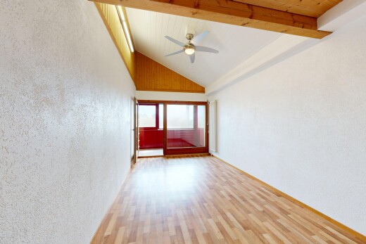 pièce vide avec vaulted ceiling, plafond voûté, high ceiling, plafond haut, et wood finish floor
