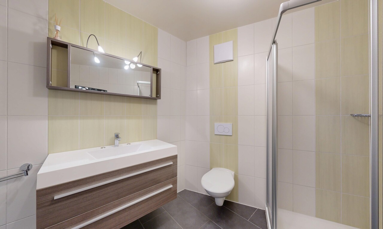 salle de bains avec mur en carrelage, tile wall, salle de bain complète, miroir, et dark floor