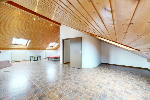 leerer raum mit dachschräge, vaulted ceiling, holzdecke, wood ceiling, und deckenbeleuchtung