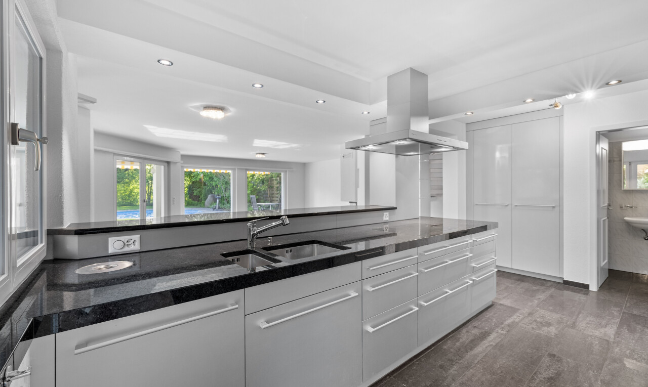 küche mit schränke mit flachen paneelen, waschbecken, natürliches licht, und dunstabzugshaube