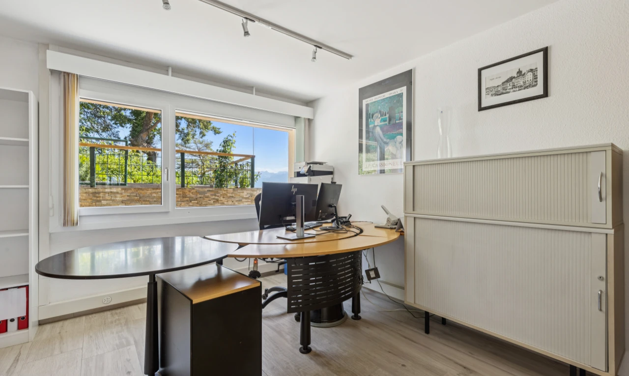 bureau avec éclairage sur rail, wood finish floor, sol en finition bois, télévision, et light floor