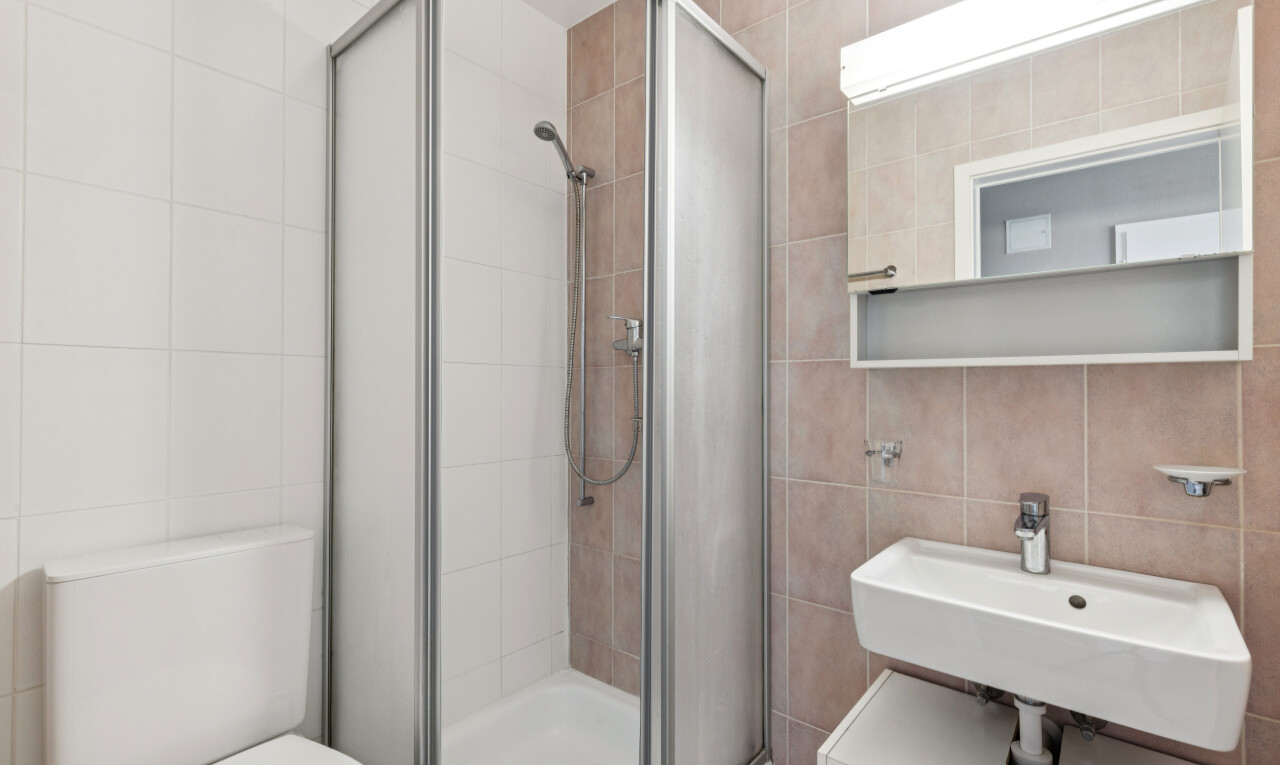 salle de bains avec mur en carrelage, tile wall, salle de bain complète, toilette, et douche