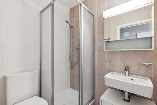 salle de bains avec mur en carrelage, tile wall, salle de bain complète, toilette, et douche