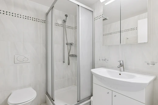 salle de bains avec tile wall, mur en carrelage, douche, salle de bain complète, et miroir