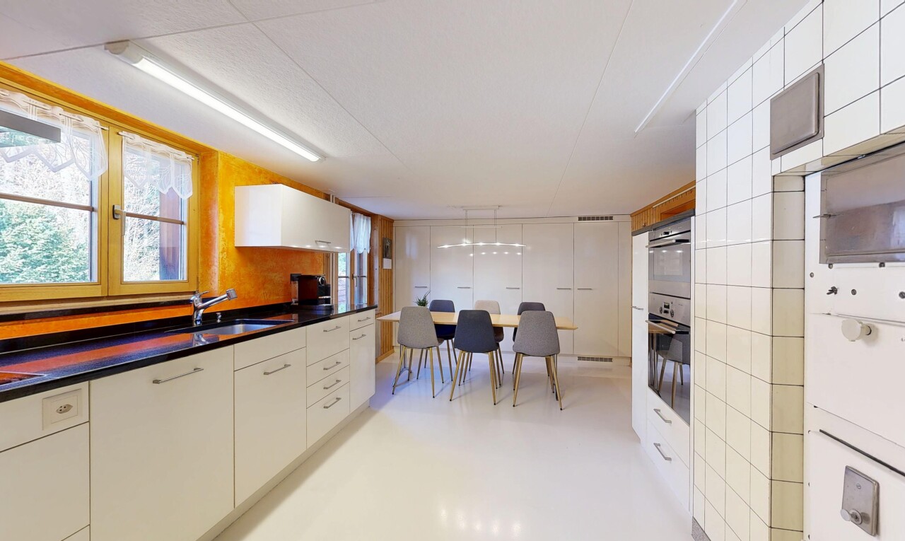 kitchen featuring white cabinetry, modern cabinets, and dark countertops
