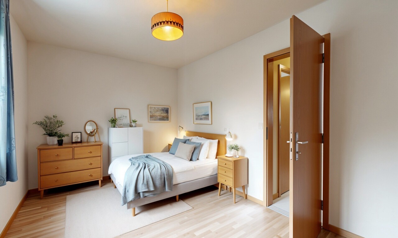 chambre avec inside property, drywall, cloison sèche, wood finish floor, et sol en finition bois