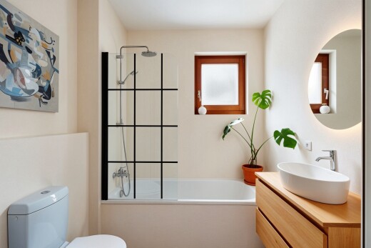 bad mit toilette, schminktisch, spiegel, inside property, und komplettes badezimmer