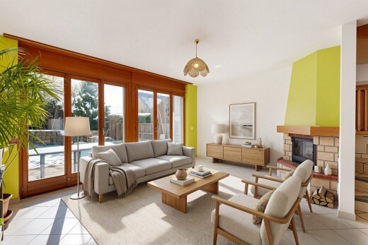 wohnzimmer mit natürliches licht, natural light, fliesenboden, tile floor, und gipskartonwand