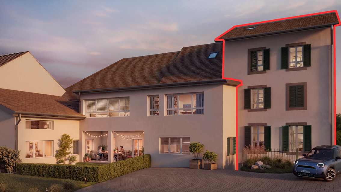 façade avec bardage en stuc, rendered, dusk, toit en bardeaux, et aire de stationnement