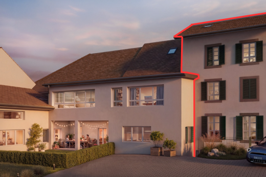 façade avec bardage en stuc, rendered, dusk, toit en bardeaux, et aire de stationnement