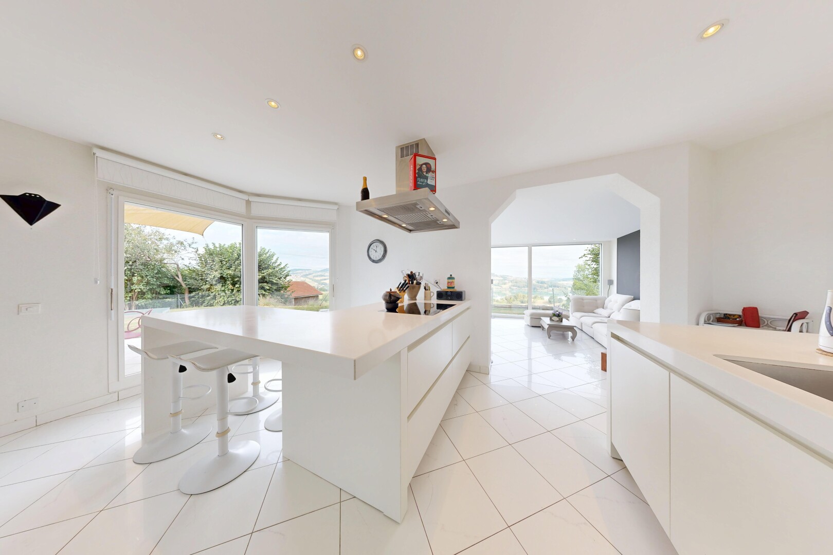 küche mit schränke mit flachen paneelen, flat panel cabinets, arbeitsplatten, light countertops, und küchenbar