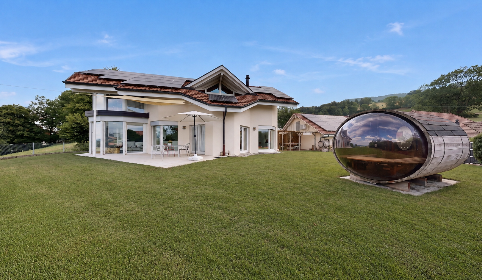 außenansicht mit solaranlage, rasen, ziegeldach, from property, und day time