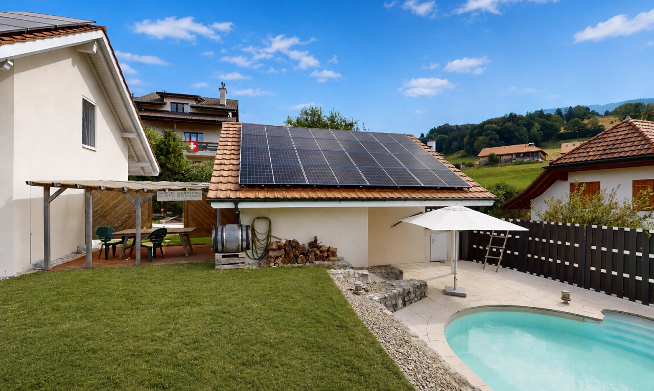 schwimmbad mit solaranlage, zaun, rasen, schwimmbad, und property visible