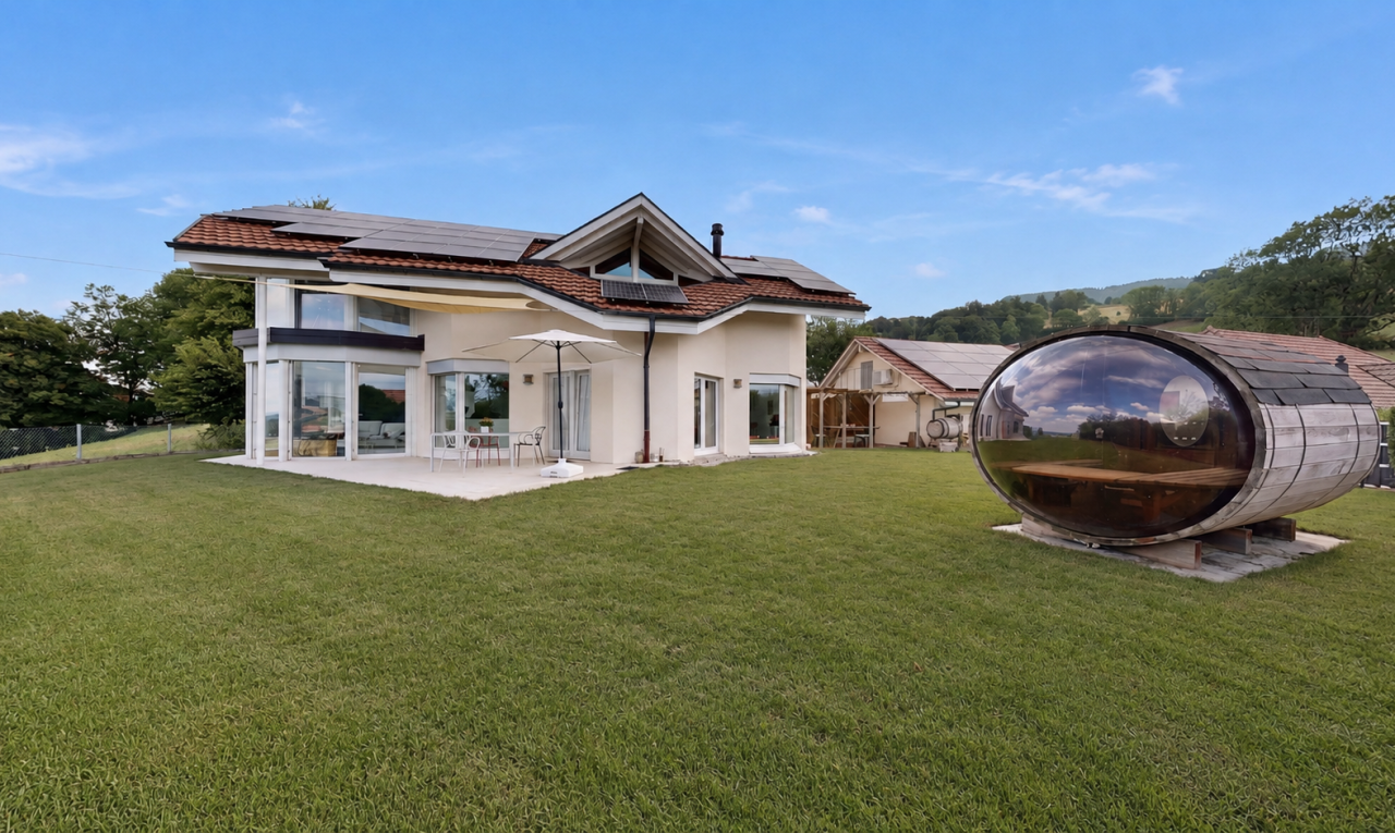 außenansicht mit solaranlage, rasen, ziegeldach, from property, und day time