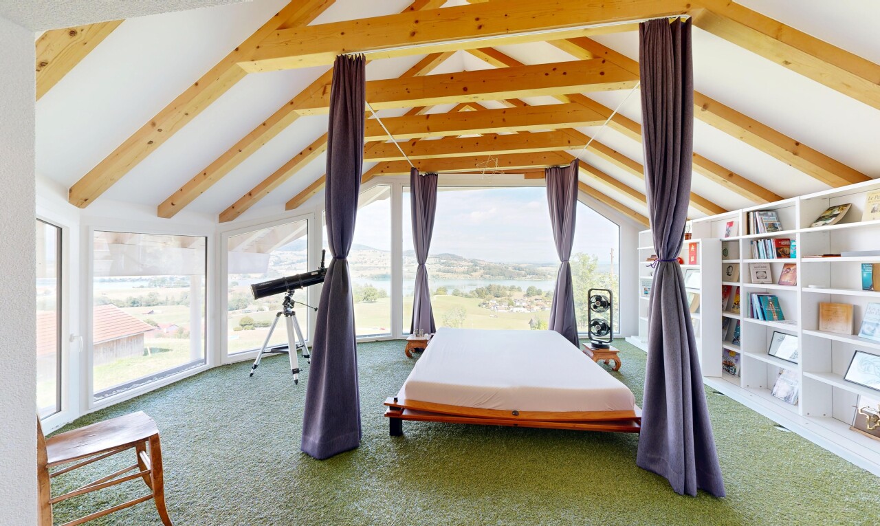 zimmer / schlafzimmer mit eingebaute regale, carpet, teppich, cathedral ceiling, und kathedralendecke