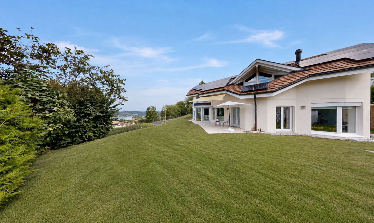 außenansicht mit rasen, from property, solaranlage, day time, und property visible