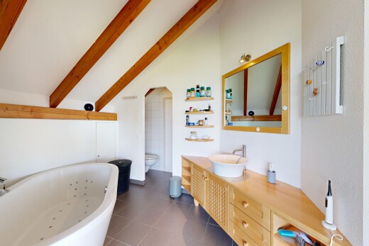 bad mit toilette, dachschräge, vaulted ceiling, bad, und spiegel