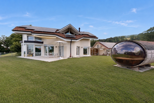 außenansicht mit solaranlage, rasen, ziegeldach, from property, und day time