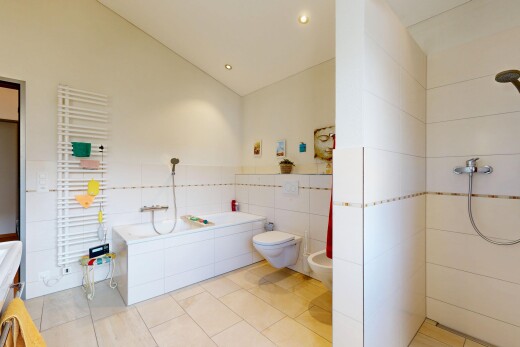 bad mit komplettes badezimmer, handtuchwärmer, kühler, dusche, und vaulted ceiling