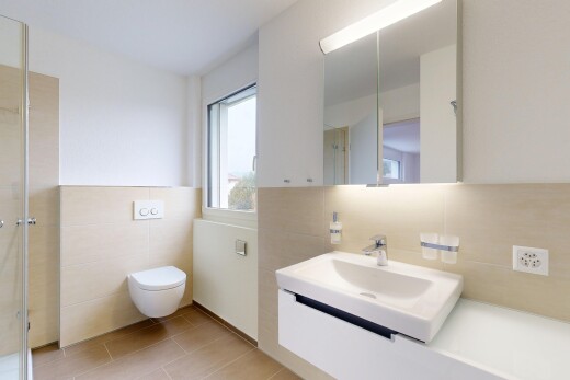 salle de bains avec mur en carrelage, tile wall, salle de bain complète, miroir, et lavabo (ou coiffeuse selon le contexte)