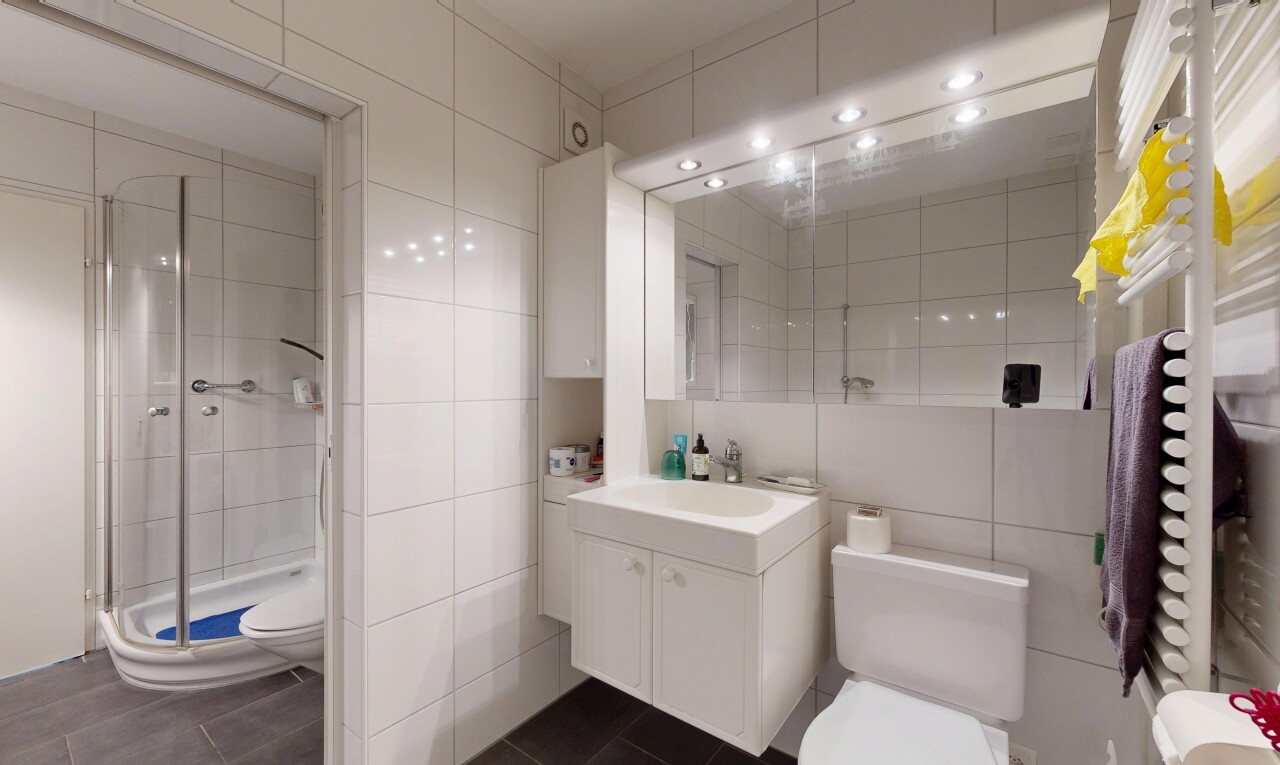 bad mit toilette, tile wall, fliesenwand, schminktisch, und spiegel