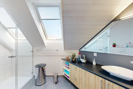 bad mit spiegel, natürliches licht, waschbeckenunterschrank, und dusche