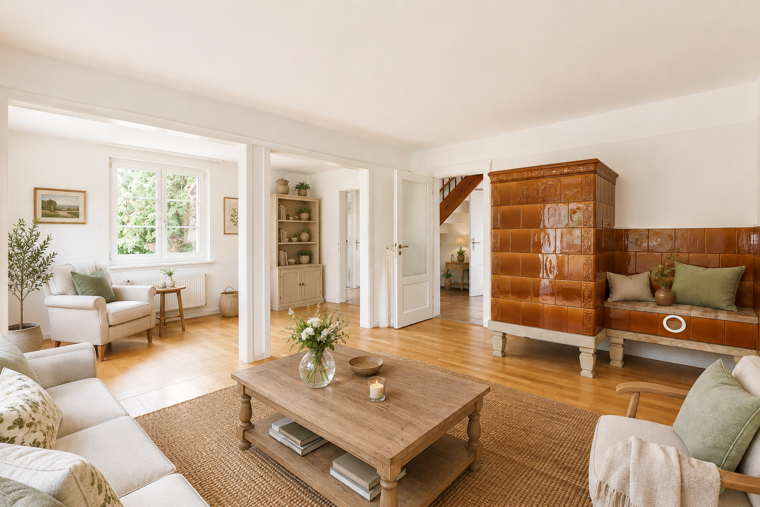 wohnzimmer mit drywall, gipskartonwand, wood finish floor, holzfußboden, und kühler