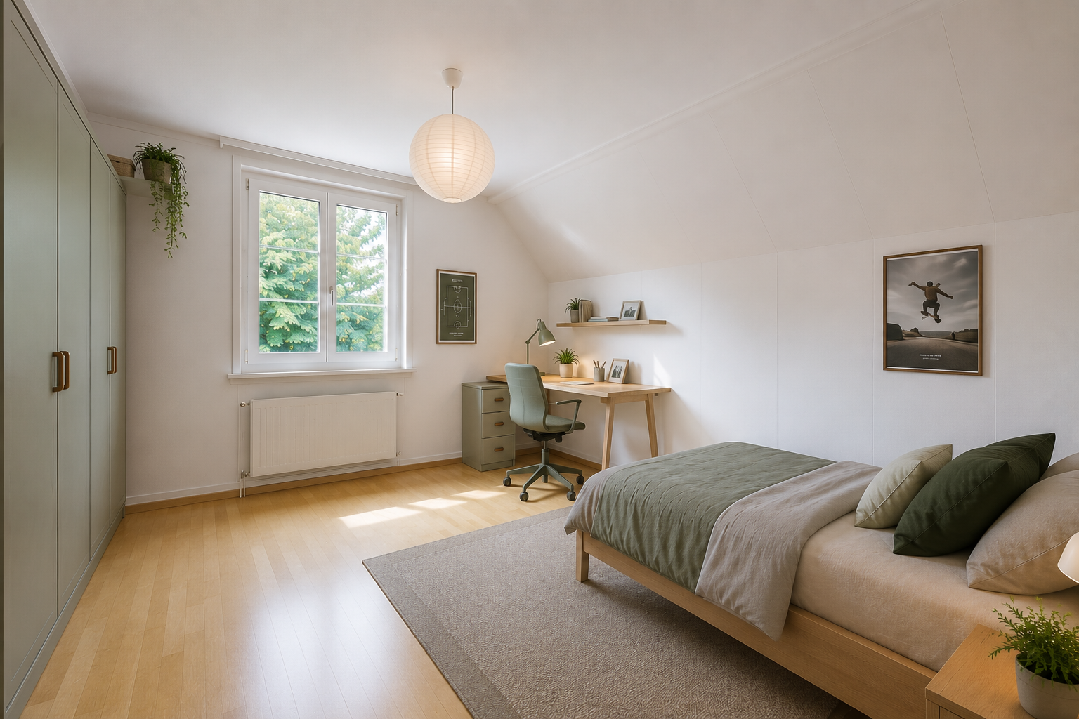 zimmer / schlafzimmer mit pendelleuchte, dachschräge, vaulted ceiling, kühler, und zusätzliches zimmer